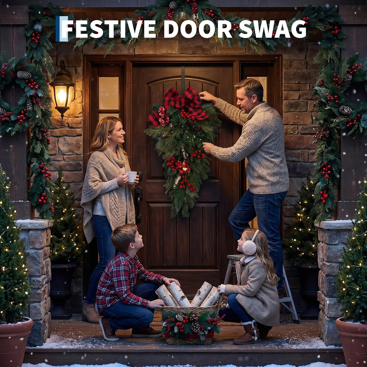 HiMISS Farmhouse Christmas Teardrop Swag With Plaid Bow And Pinecones