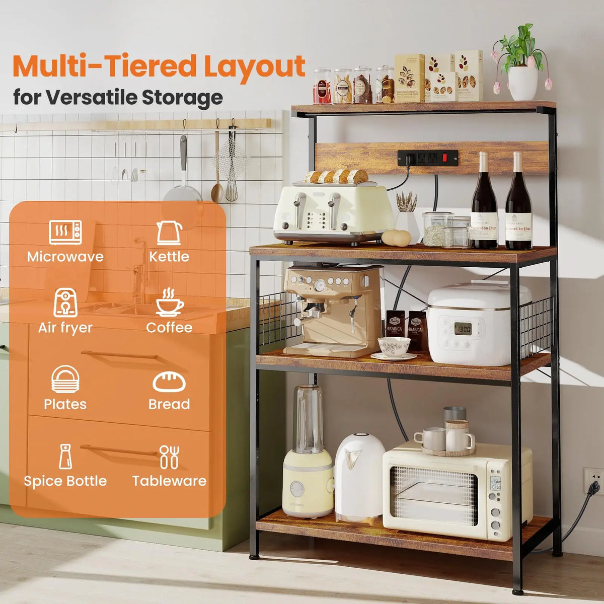 JHK Bakers Rack With Power Outlet And Tiered Storage Shelves