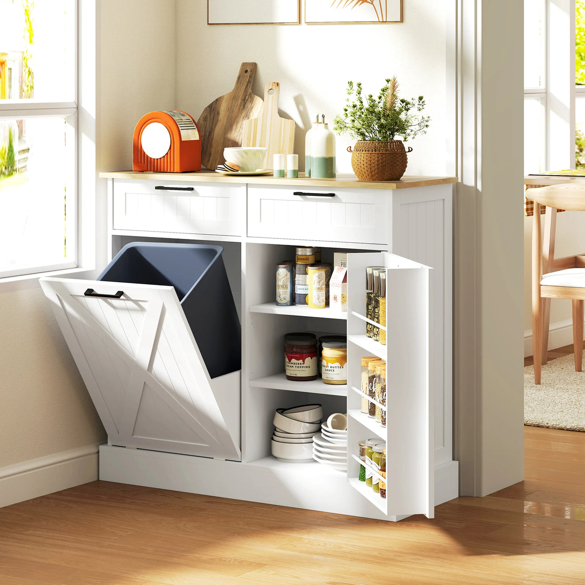 HOMCOM Tilt Out Trash Cabinet With Hidden Bin And Drawers