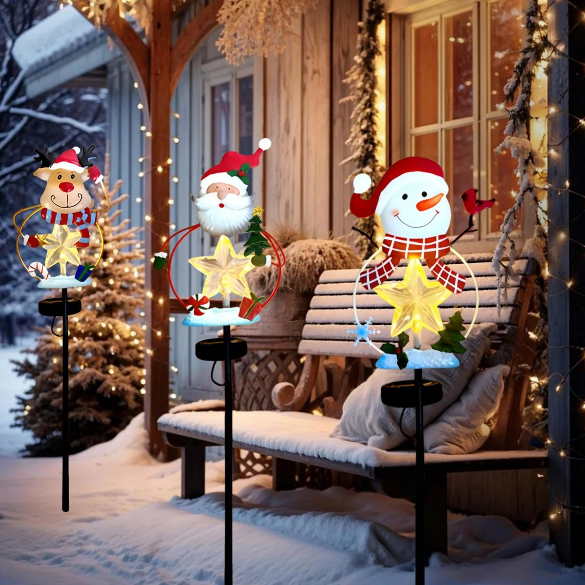 Solar Christmas Garden Stake Lights With Snowman Santa And Reindeer