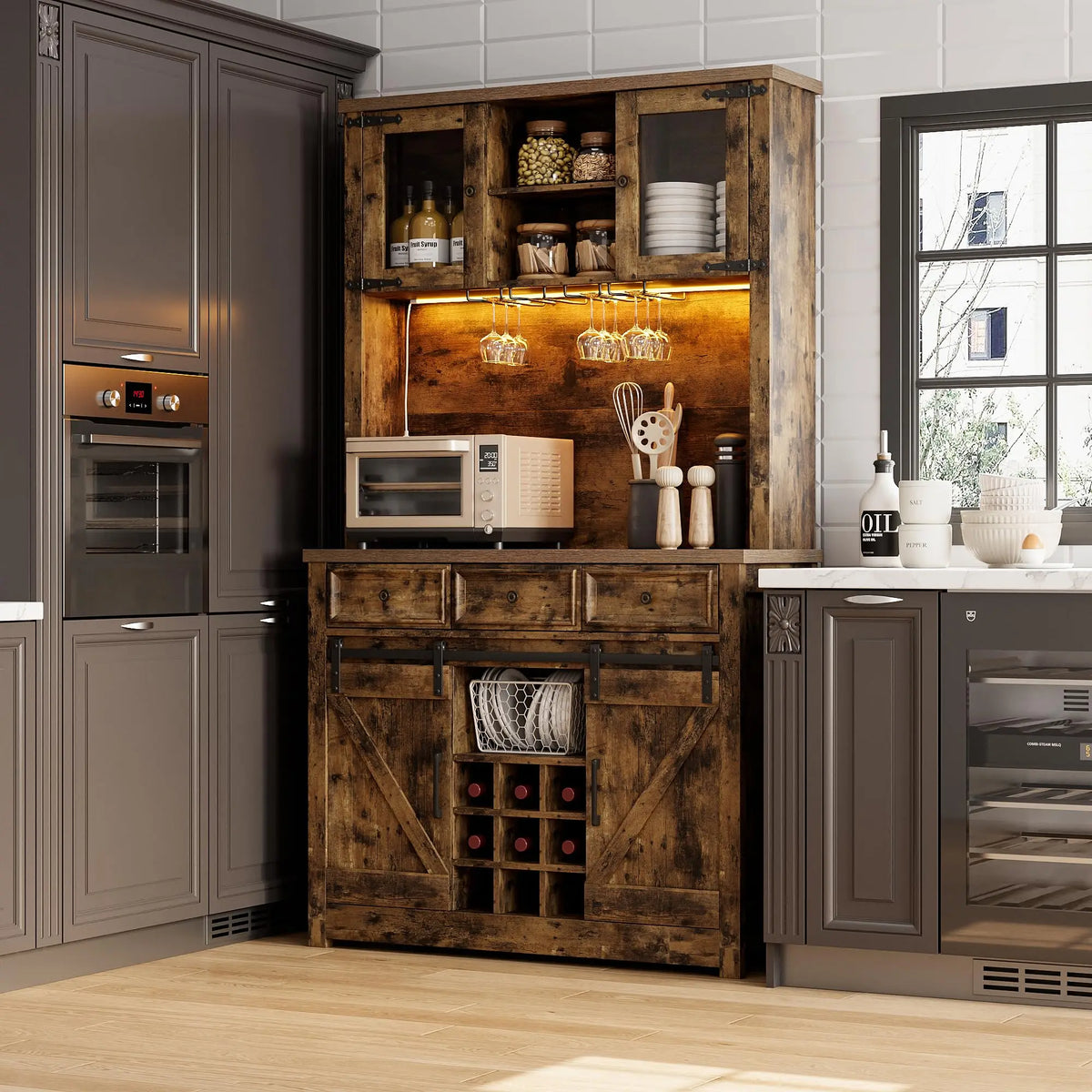 HiMISS Farmhouse Coffee Bar Cabinet With LED Lights And Storage