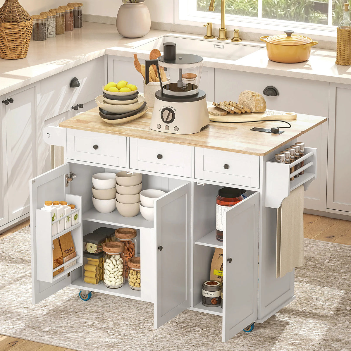 HOMCOM Rolling Kitchen Island With Drop Leaf And Power Outlet