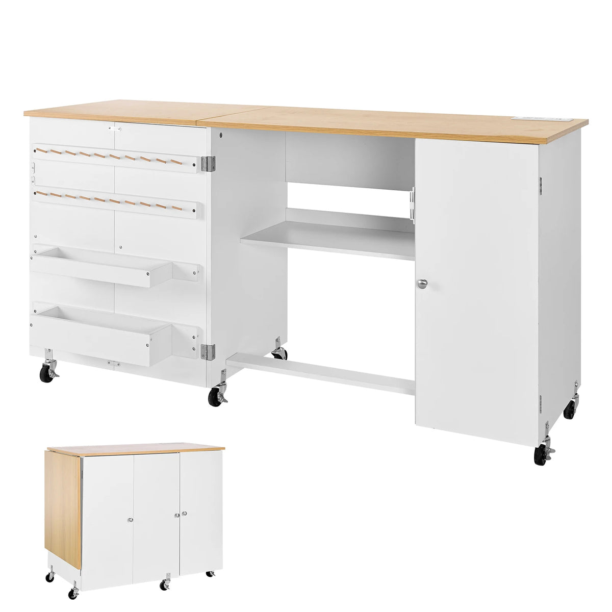 SucceBuy Folding Sewing Table With Cabinet And Charging Station Desk