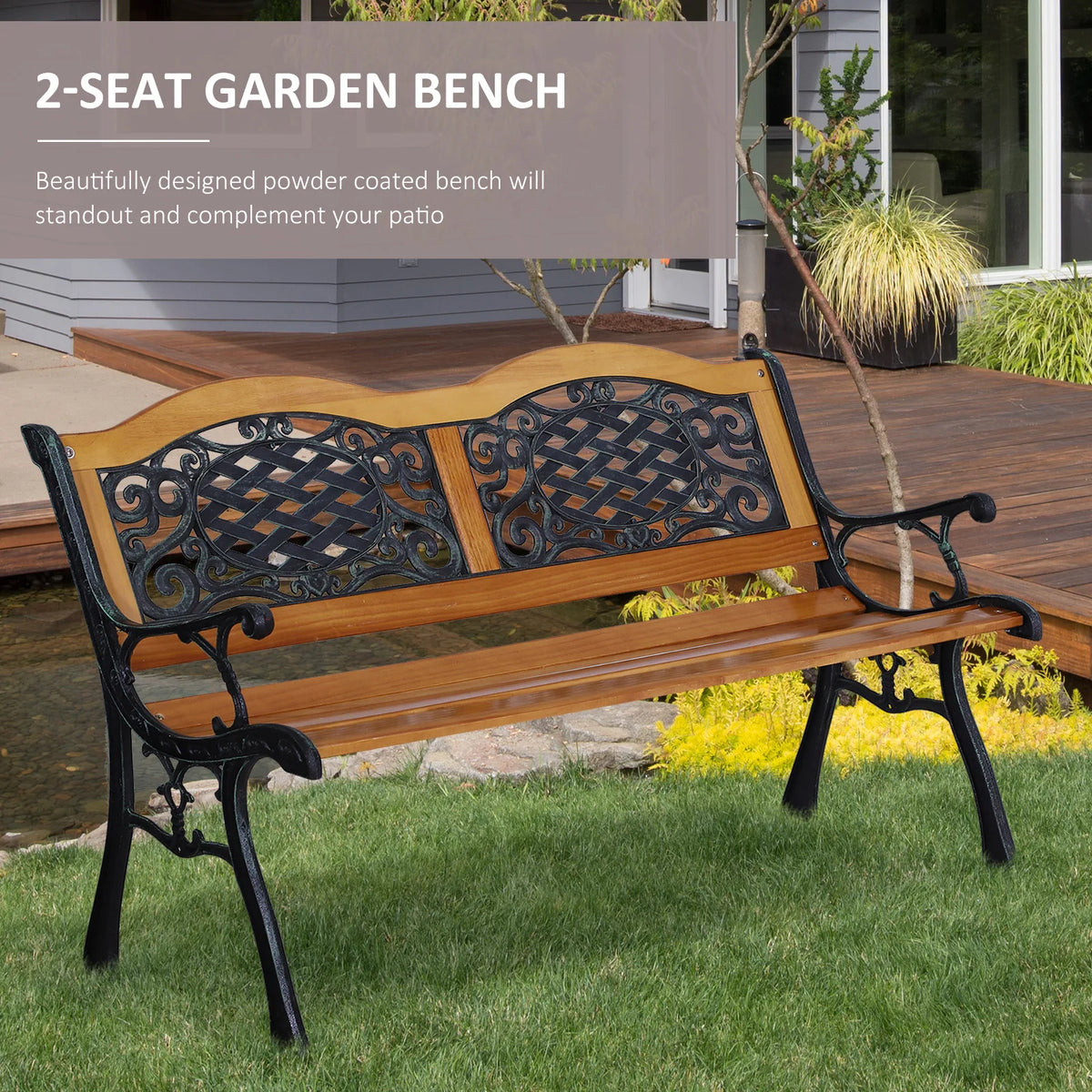 Outsunny Antique Outdoor Garden Bench With Slatted Seat And Armrests