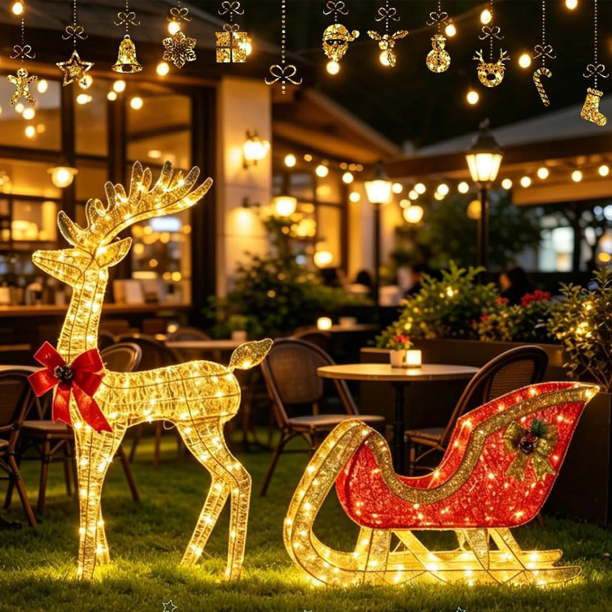HiMISS Lighted Christmas Reindeer And Sleigh Outdoor Yard Decor