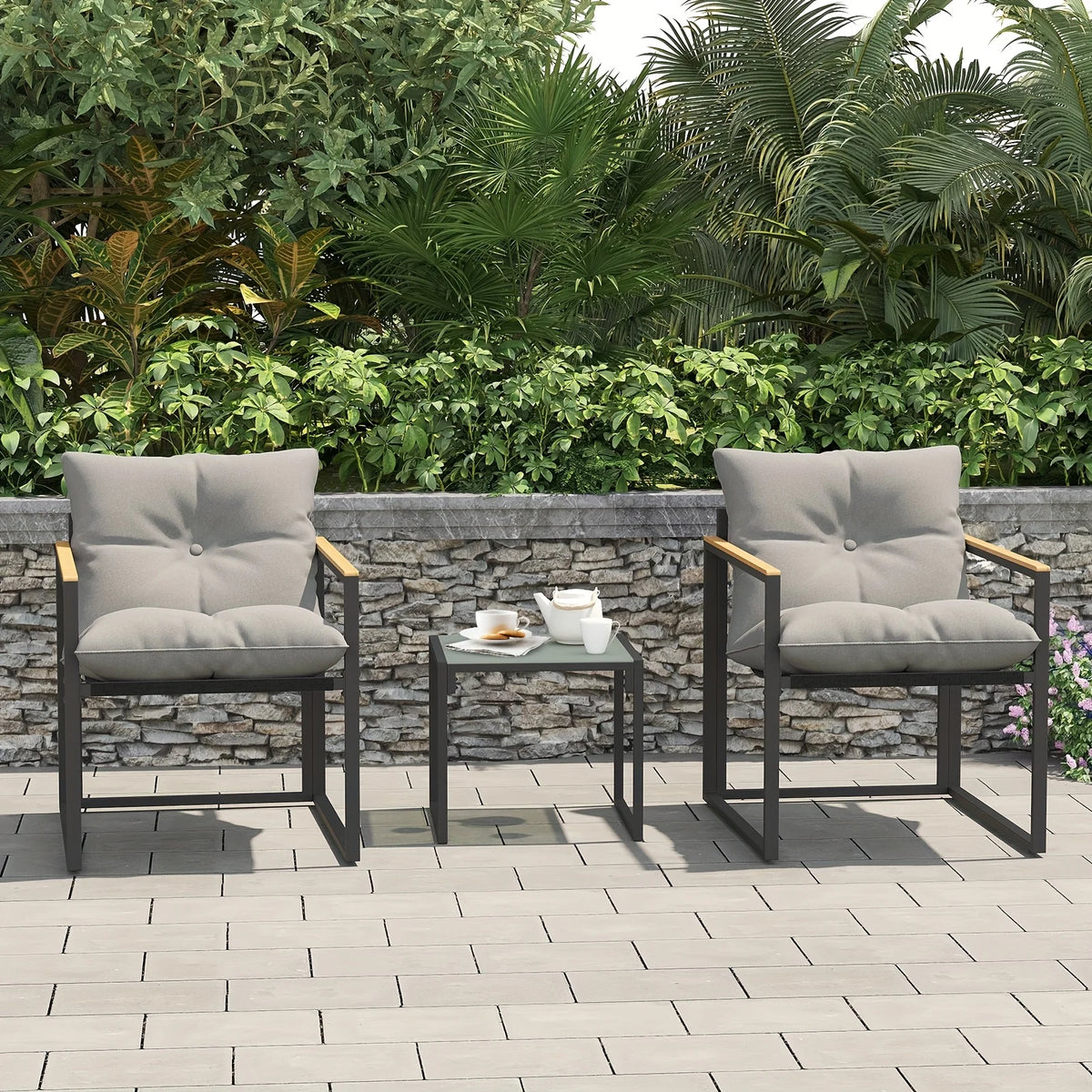 Outdoor Bistro Patio Set With Glass Table And Textilene Chairs