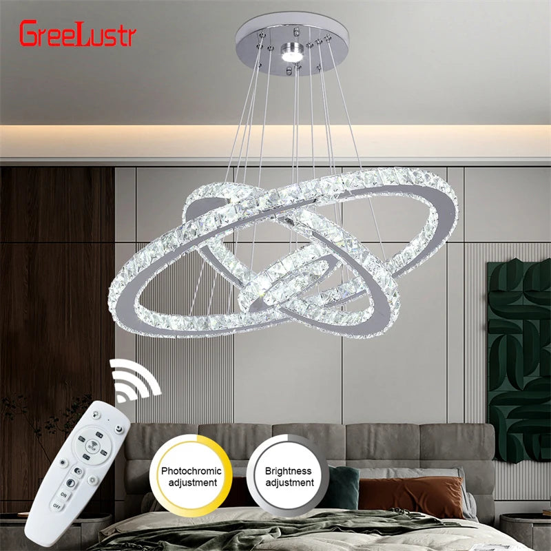GreeLustr Modern Crystal Ring LED Chandelier With Dimmer Remote