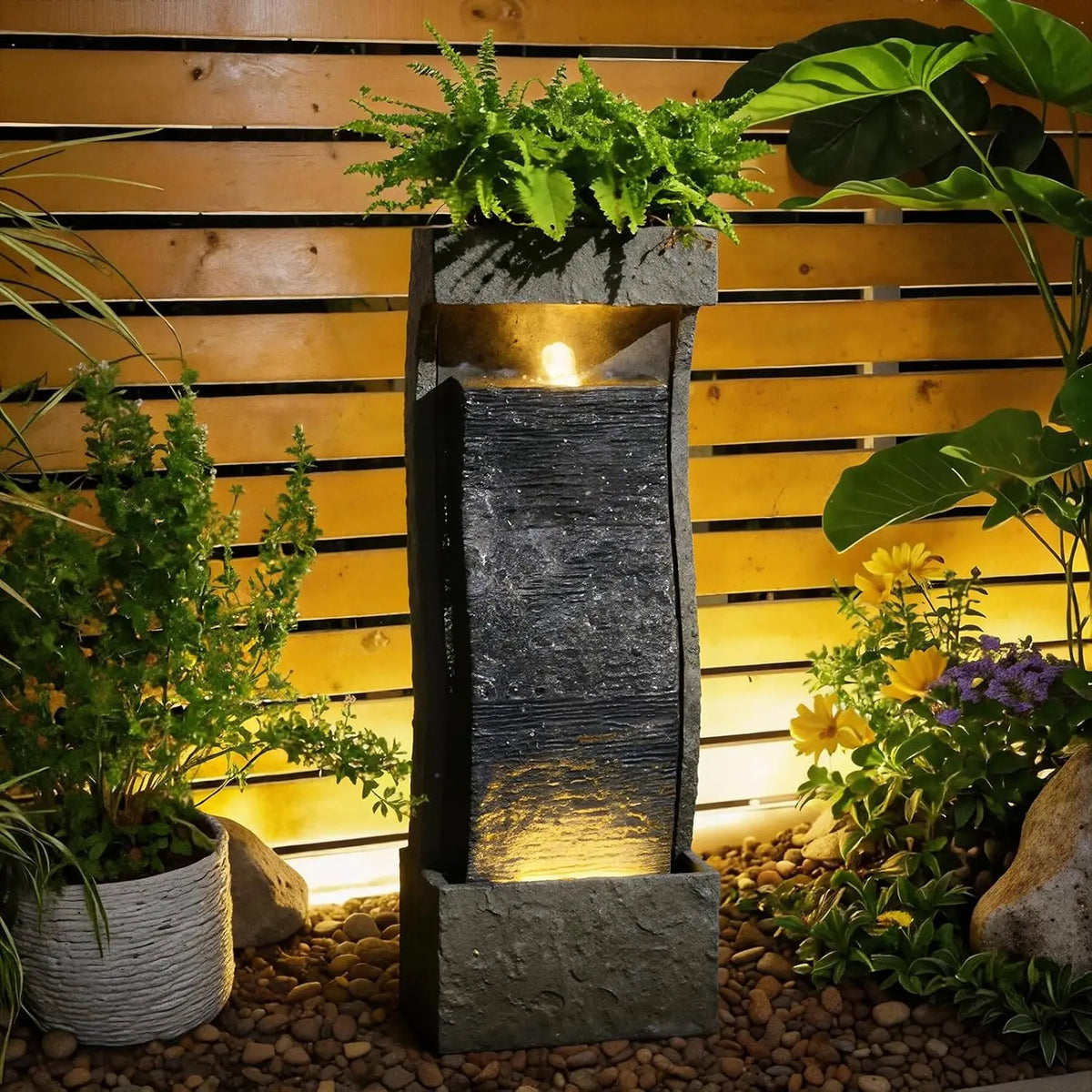 Tree Trunk Outdoor Waterfall Fountain With LED Lights For Garden