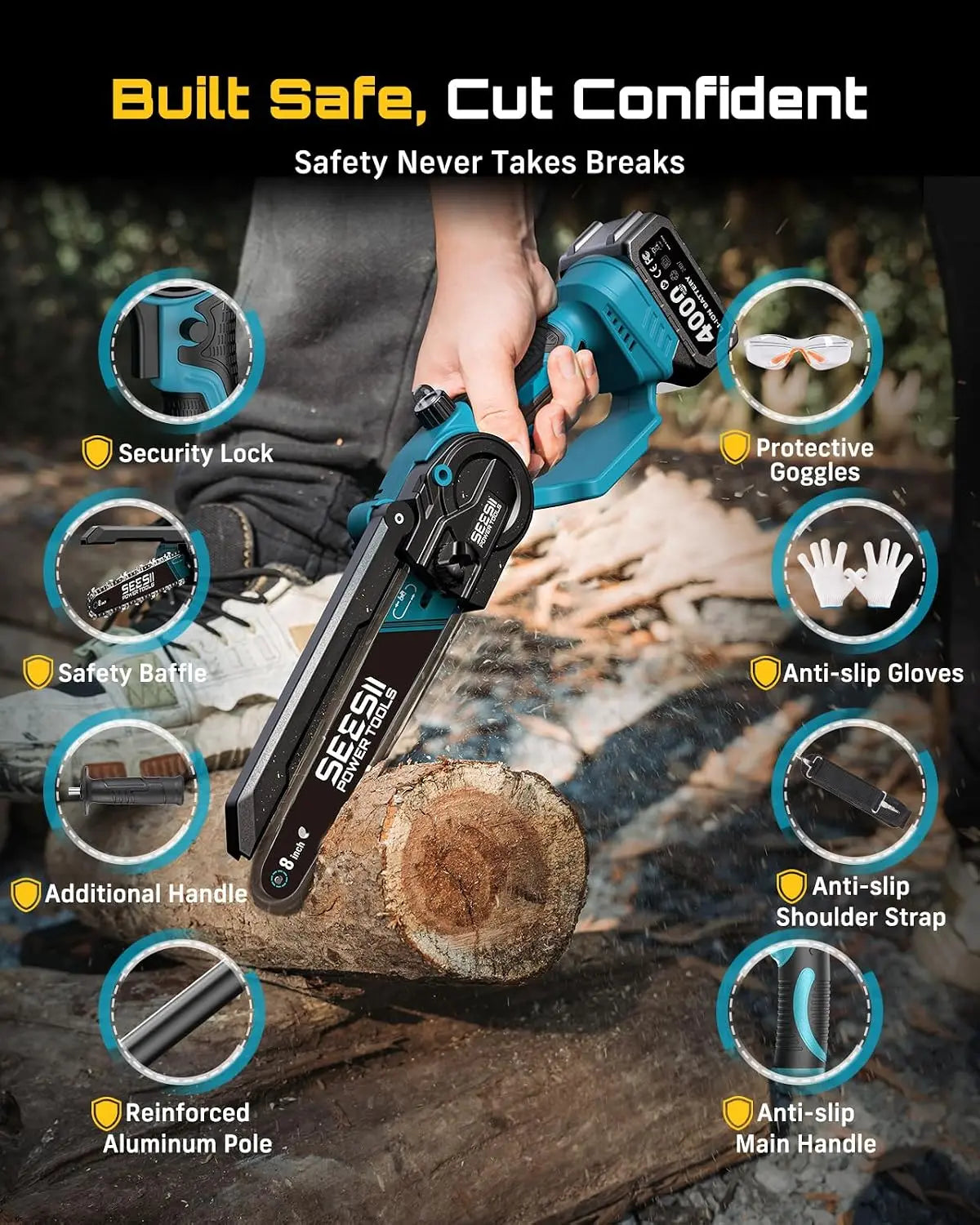 SEESII Brushless Cordless Chainsaw With Telescopic Pole For Tree Trimming