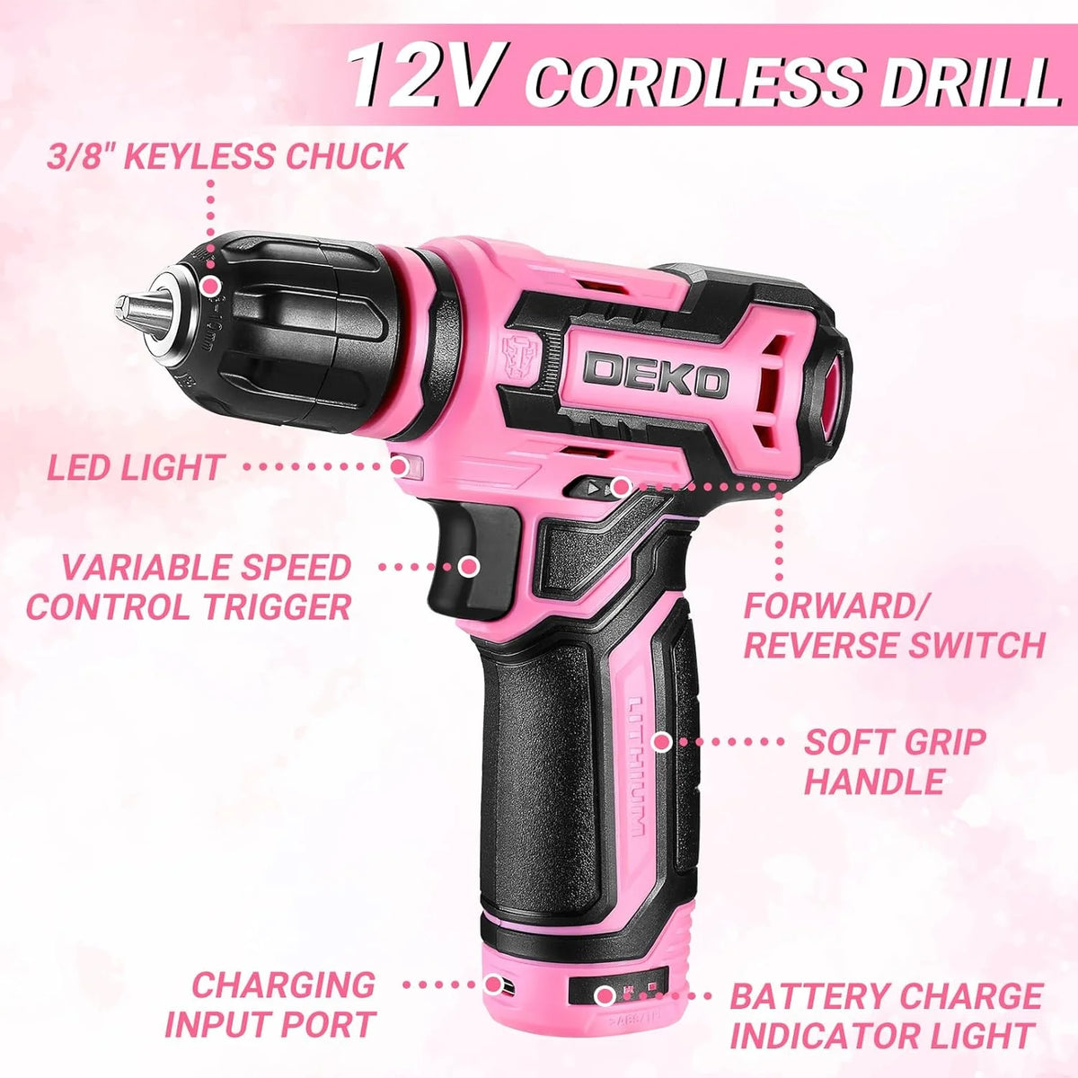 DEKO 12V Cordless Drill and Tool Set in Portable Toolbox