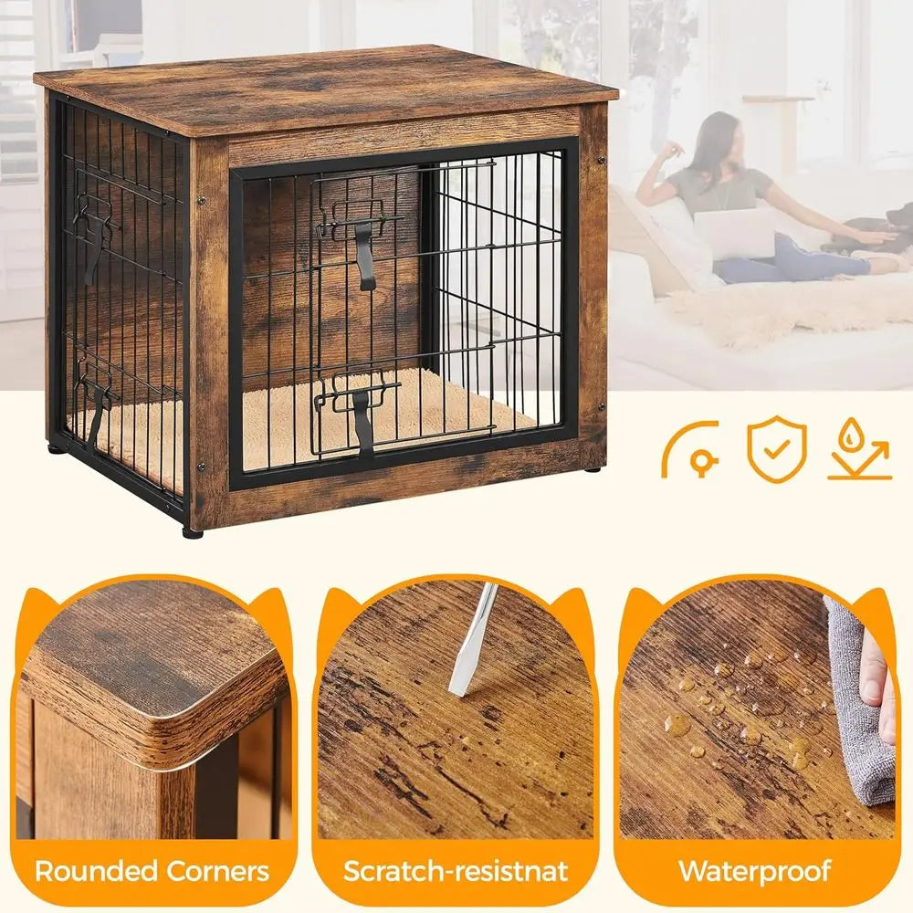Wooden Dog Crate Furniture With Cushion And Double Door Kennel