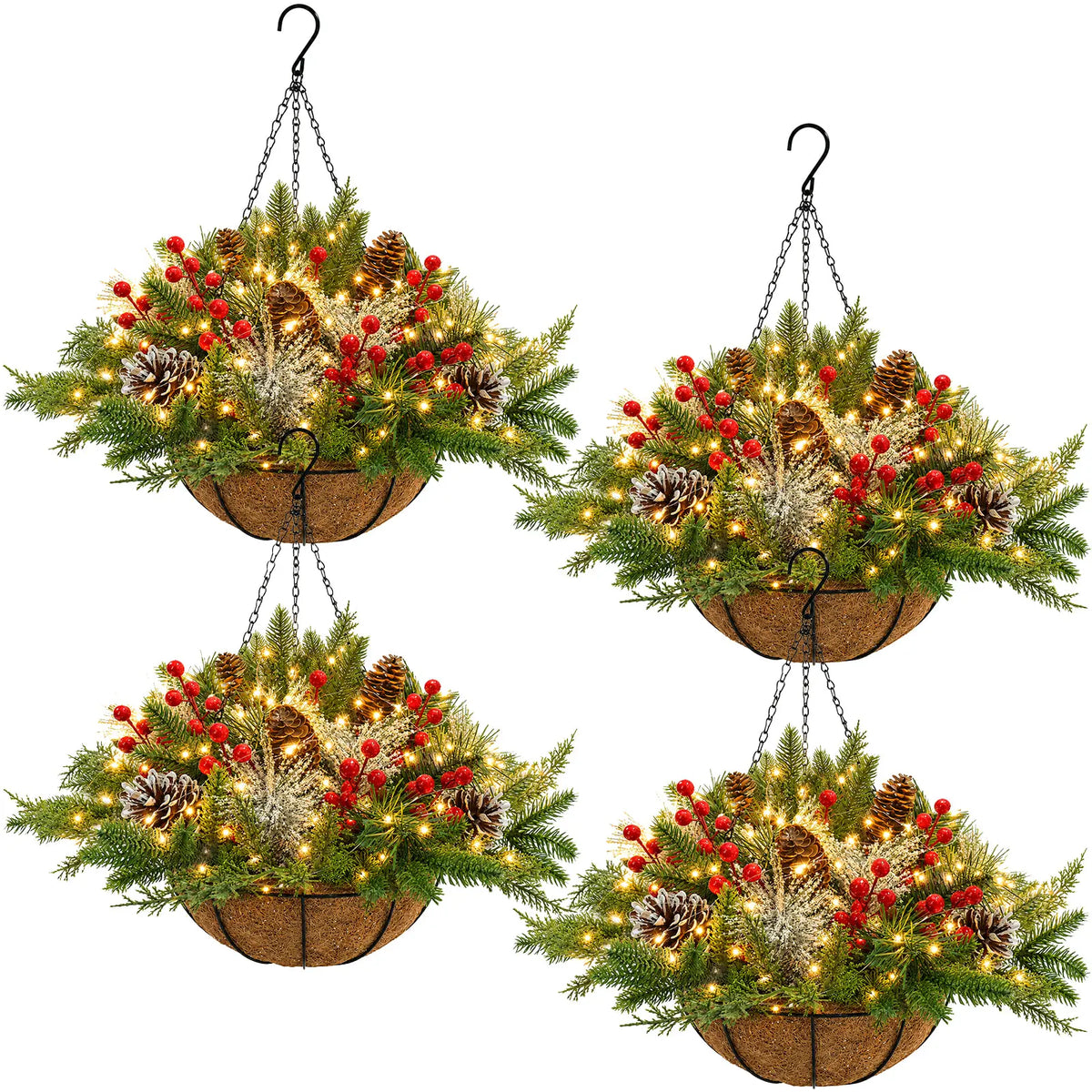 Artificial Christmas Hanging Basket With LED String Lights