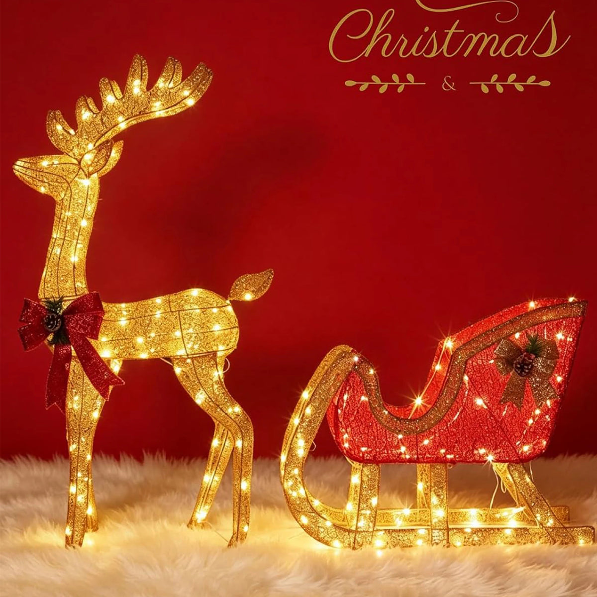 HiMISS Lighted Christmas Reindeer And Sleigh Outdoor Yard Decor