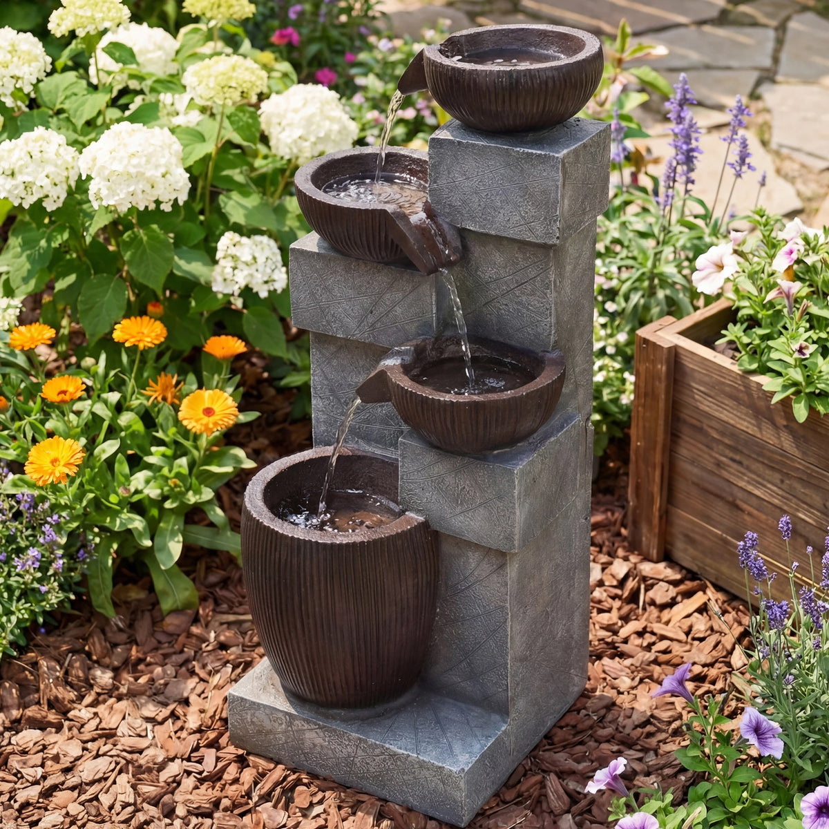 Cascading Water Fountain With LED Lights And Adjustable Flow Pump