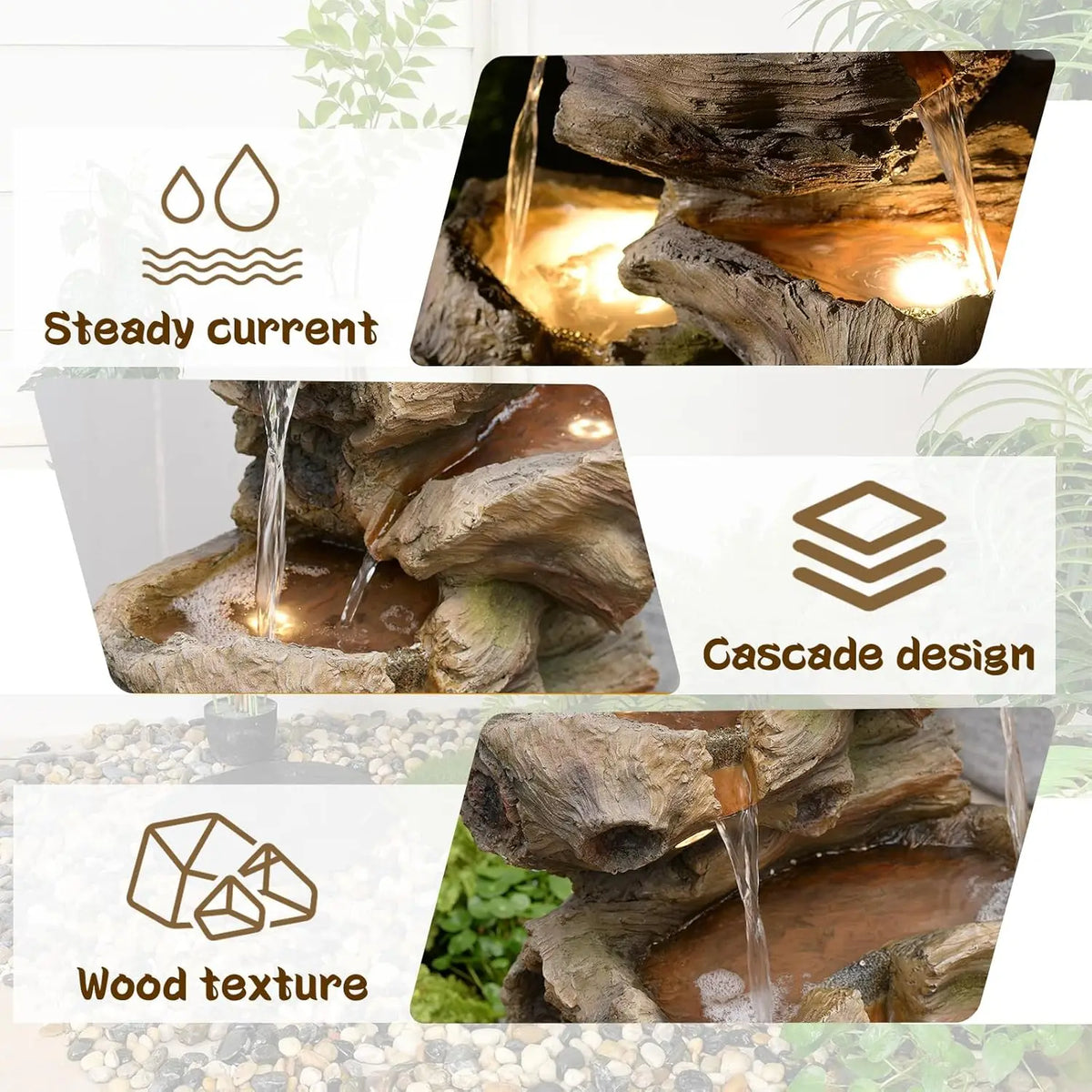 Tree Trunk Outdoor Waterfall Fountain With LED Lights For Garden