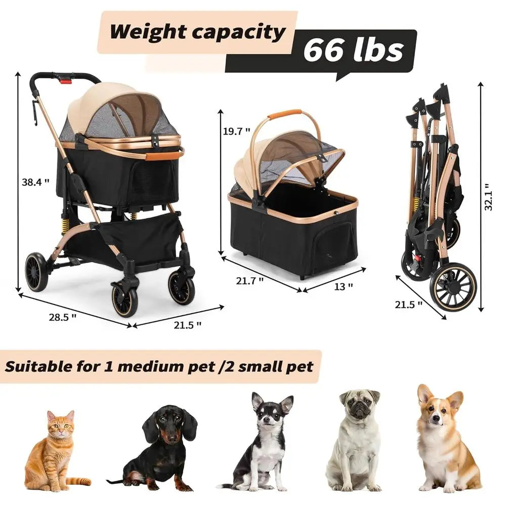Pet Stroller With Shock Absorbers Storage Basket And Dual Brakes