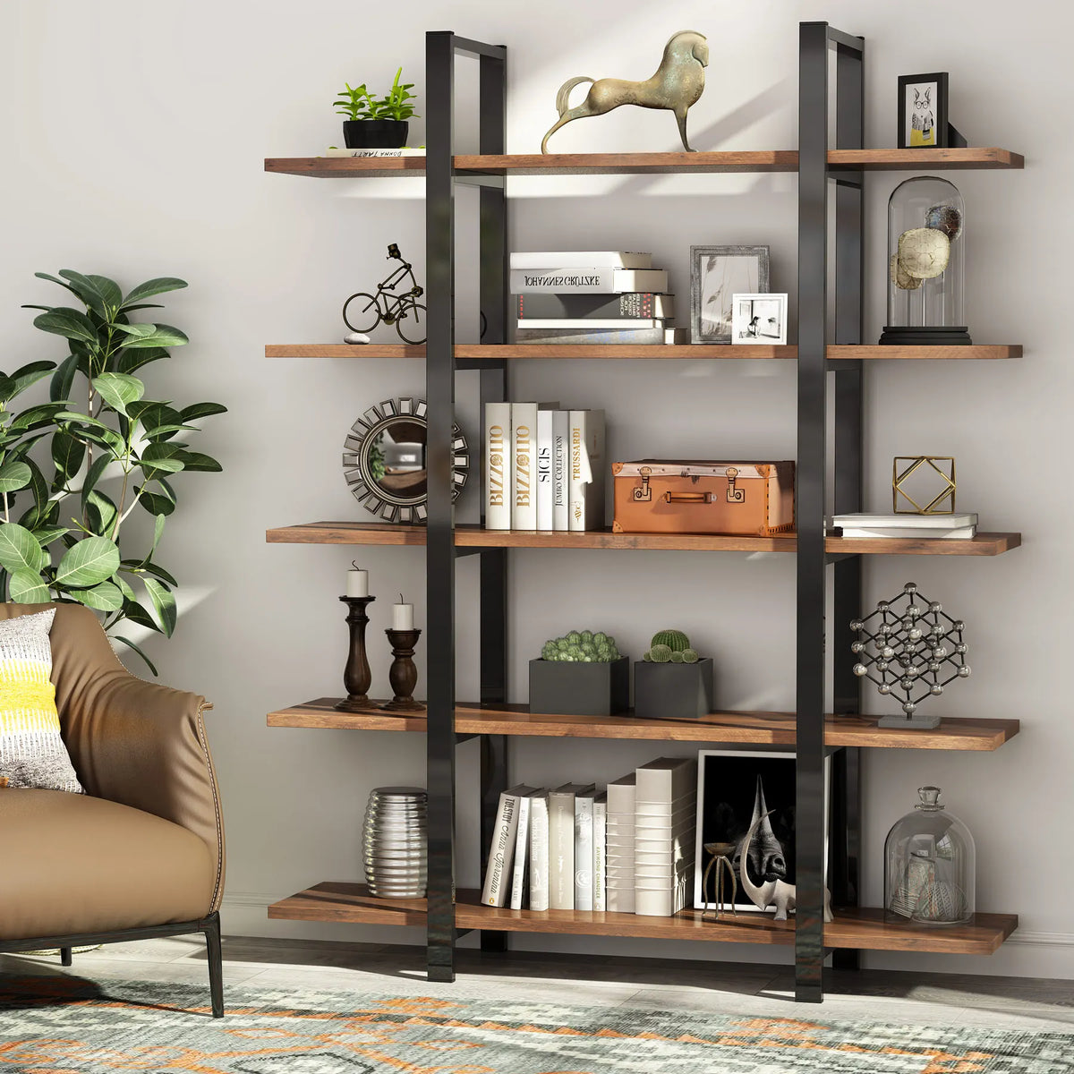 Tribesigns Industrial Bookshelf With Open Display Storage Shelves