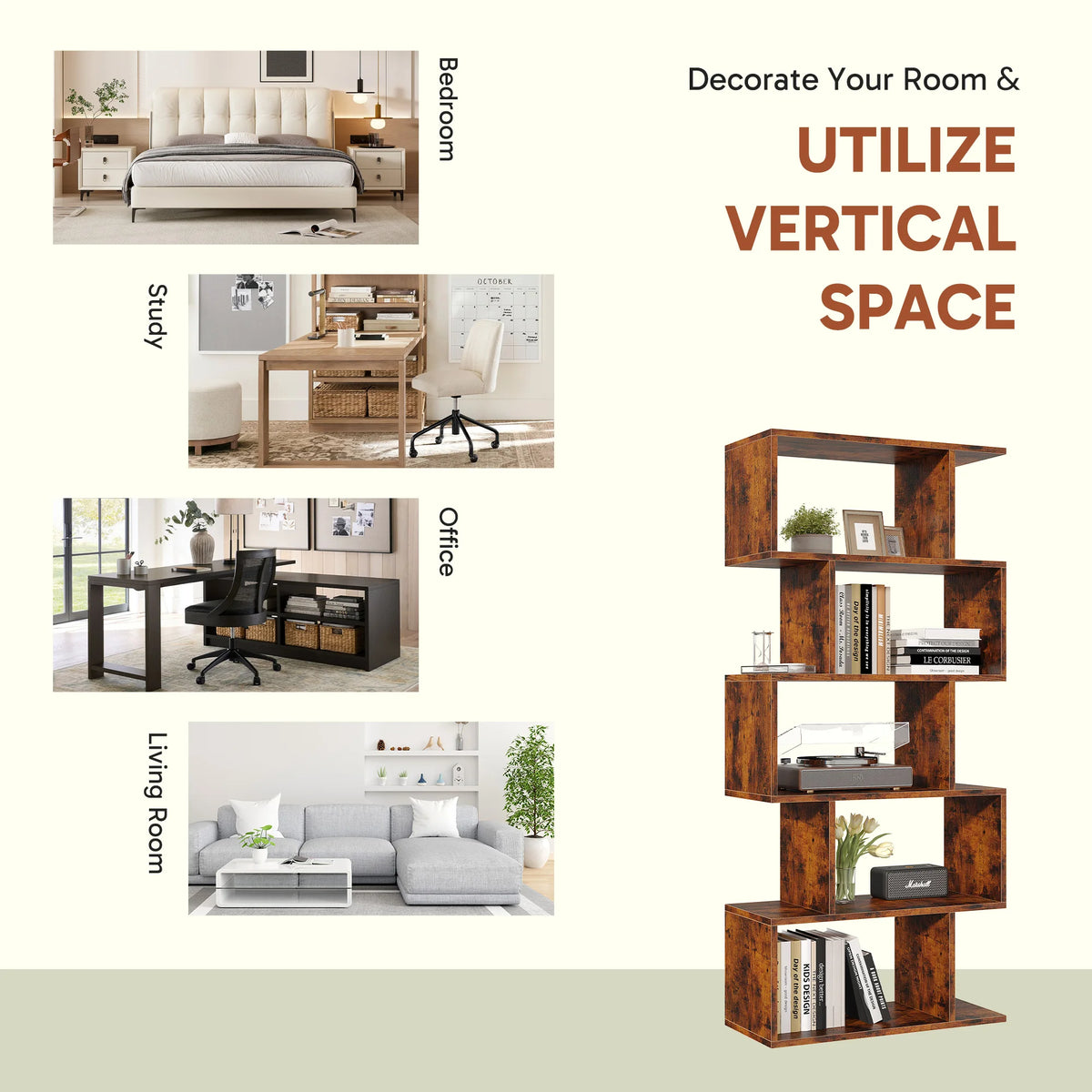JHK Five Tier Geometric S Shaped Wooden Bookcase Display Shelf