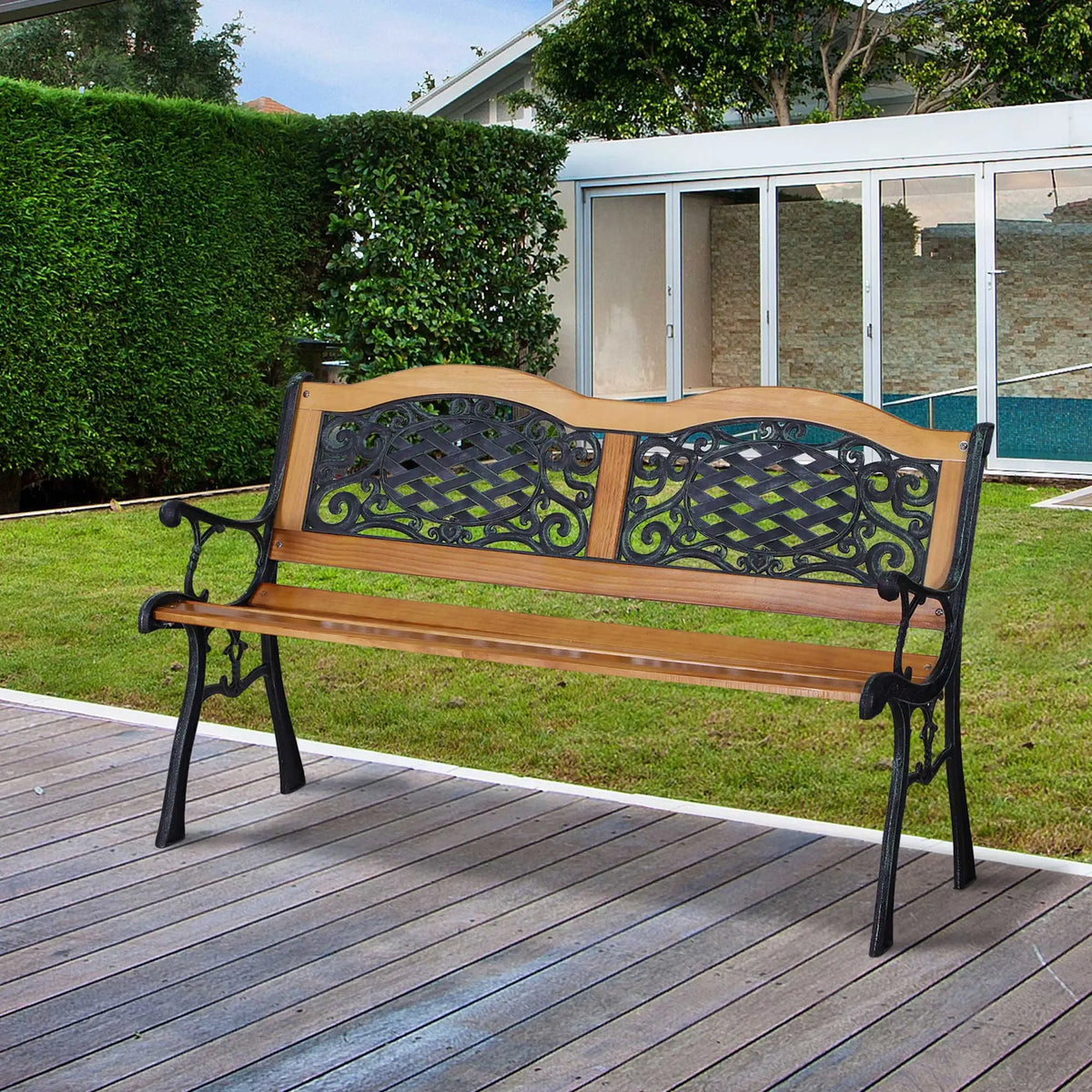 Outsunny Antique Outdoor Garden Bench With Slatted Seat And Armrests