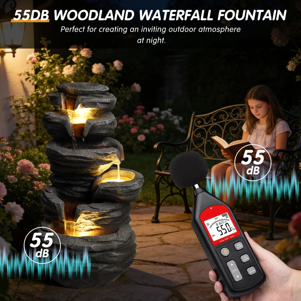 Stacked Rock Waterfall Fountain With Lights For Patio Garden Decor