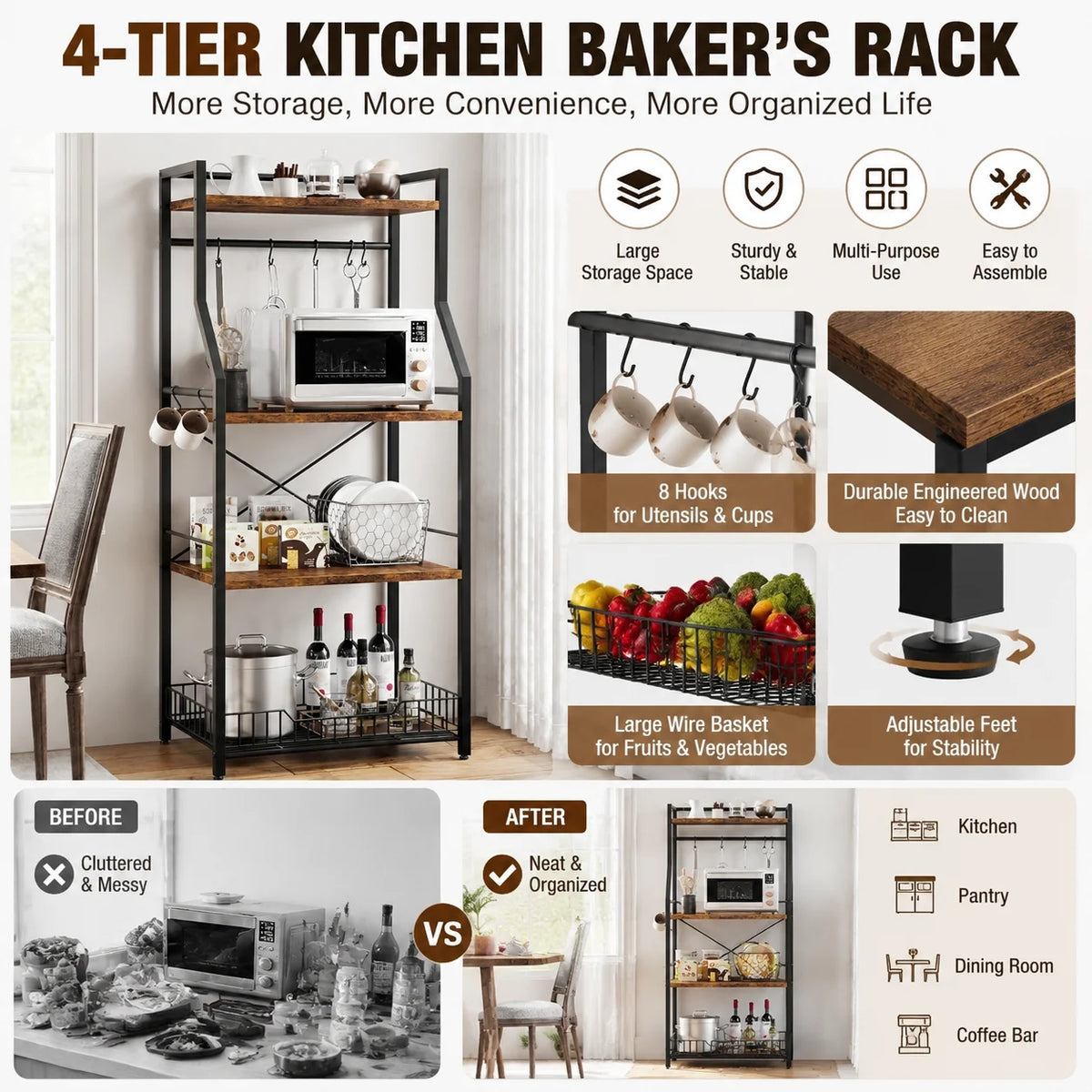 Four Tier Kitchen Bakers Rack With Microwave Stand And Storage