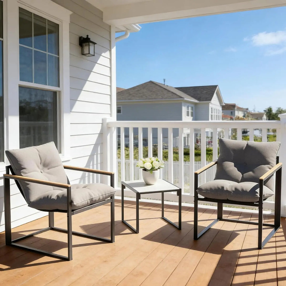 Outdoor Bistro Patio Set With Glass Table And Textilene Chairs