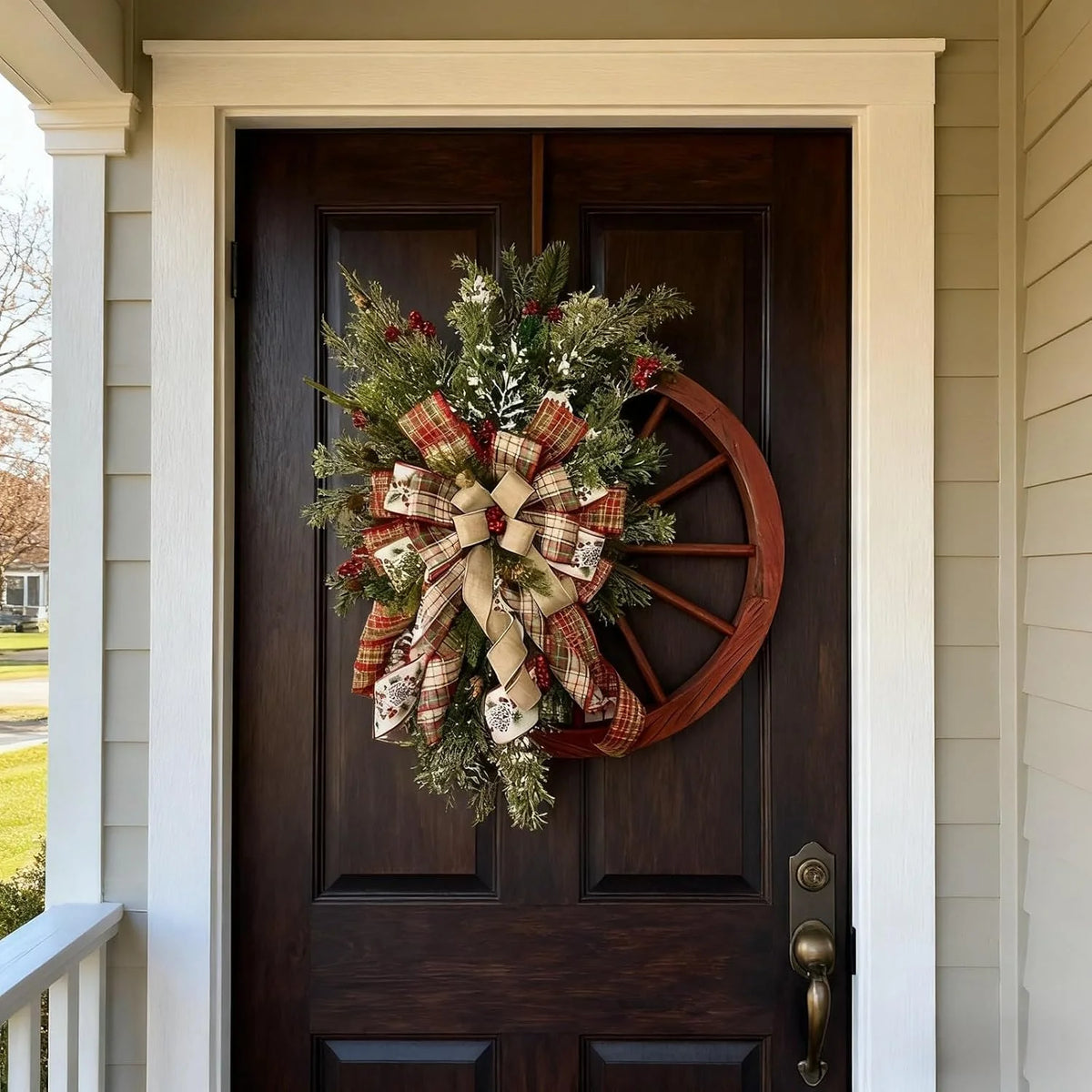 Farmhouse Christmas Wagon Wheel Wreath With Plaid Bows And Berries
