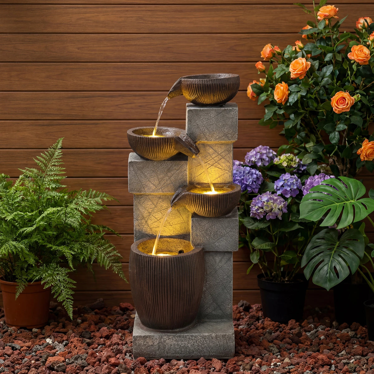 Cascading Water Fountain With LED Lights And Adjustable Flow Pump