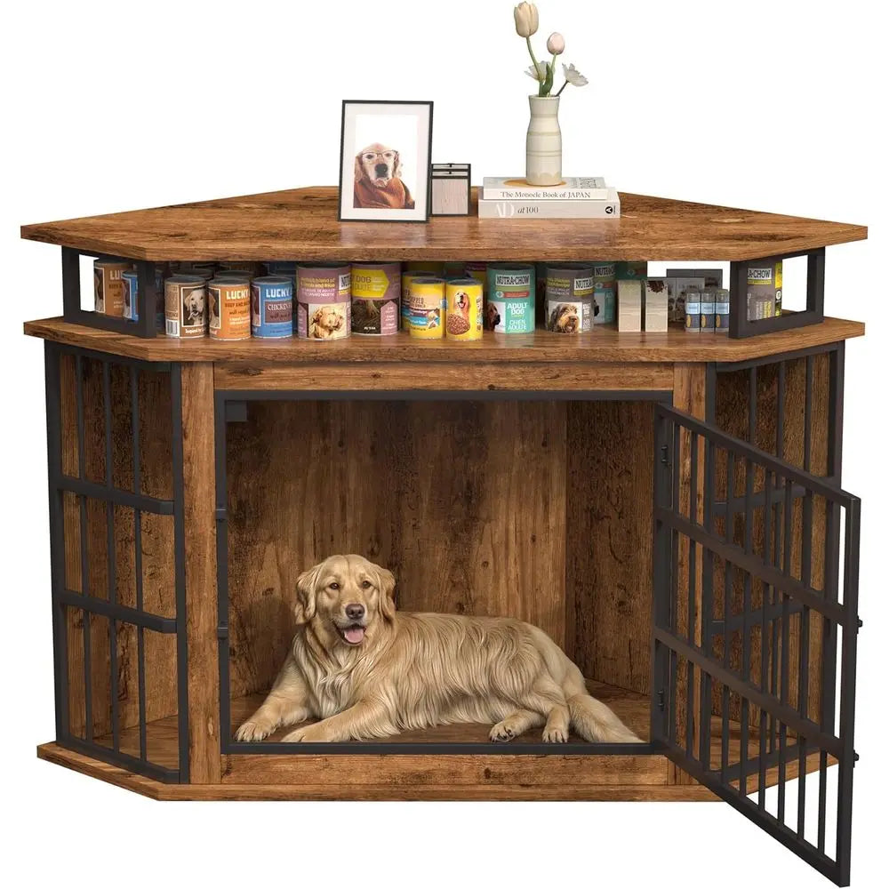 Multifunctional Dog Crate Furniture With Two Tier Storage Shelves