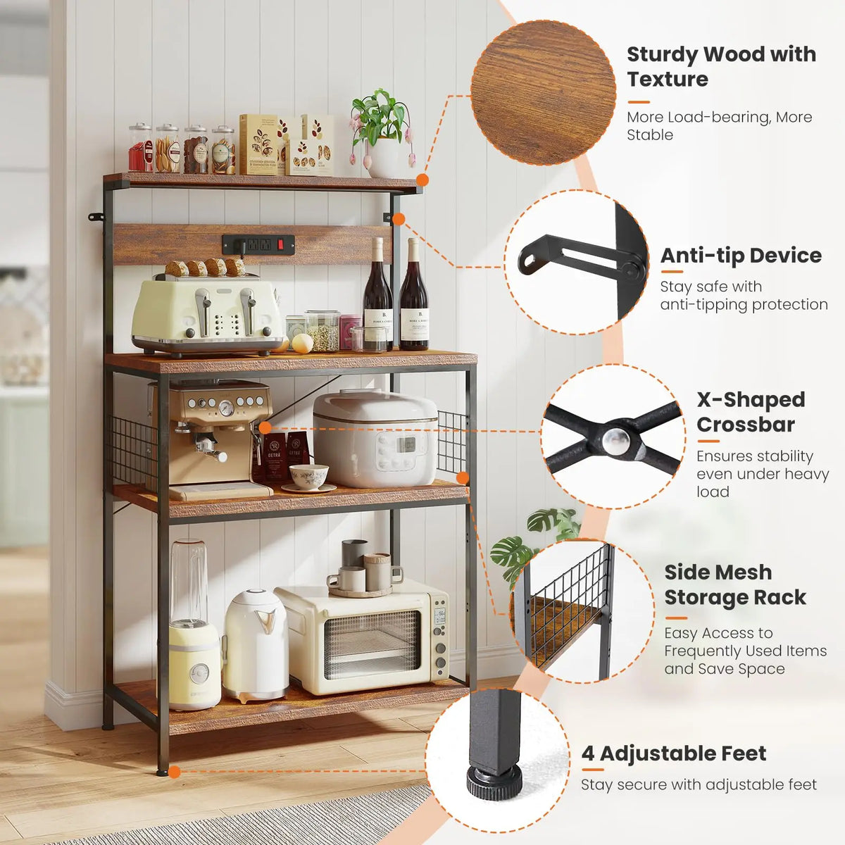 JHK Bakers Rack With Power Outlet And Tiered Storage Shelves