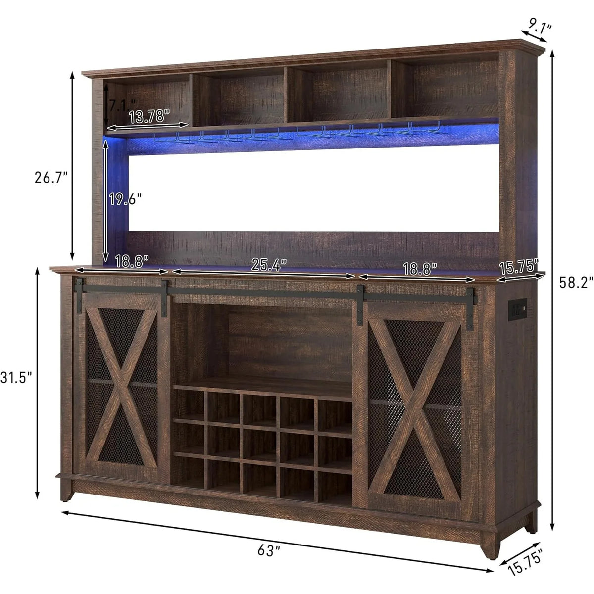 XIUWO Farmhouse Coffee Bar Cabinet LED Lighting And Wine Storage