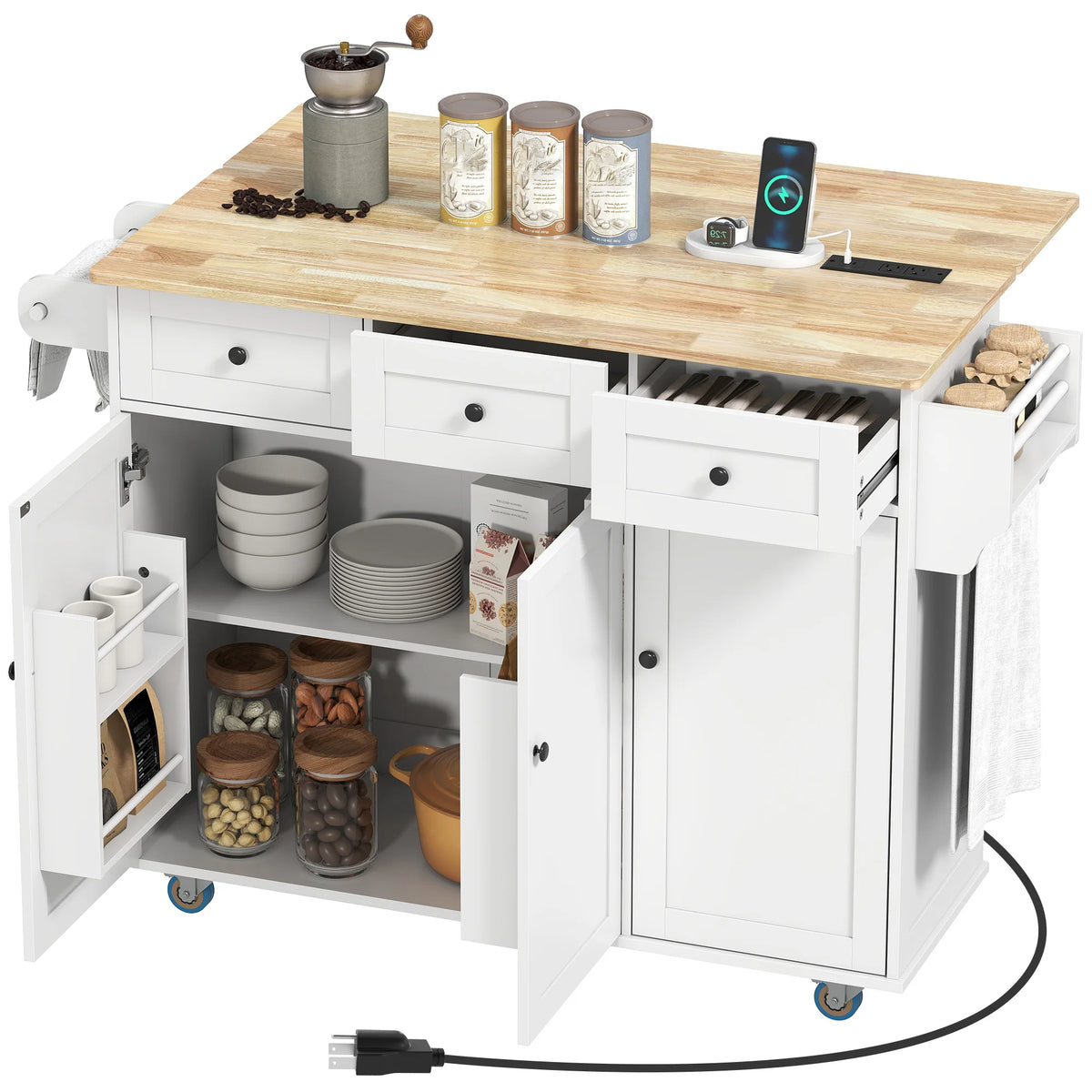 HOMCOM Rolling Kitchen Island With Drop Leaf And Power Outlet