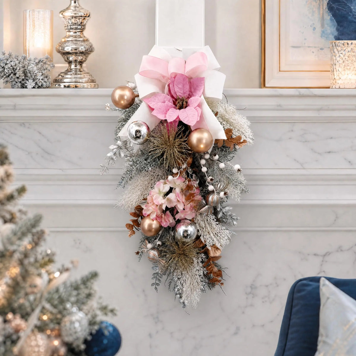 HiMISS Frosted Christmas Teardrop Swag With Satin Ribbon Bow