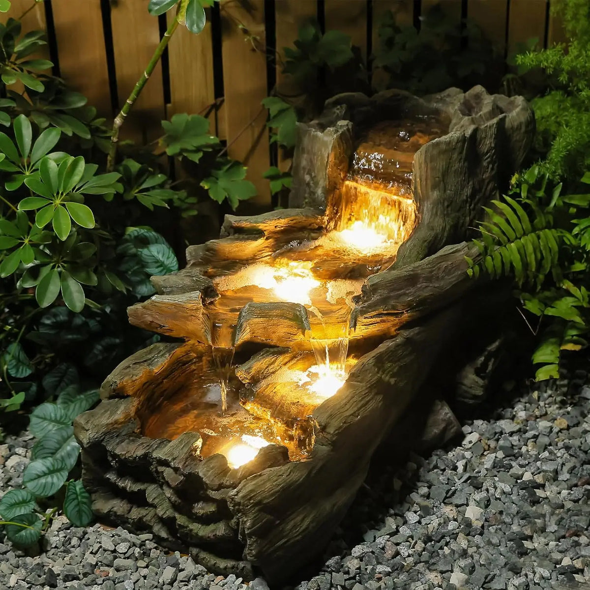 Tree Trunk Outdoor Waterfall Fountain With LED Lights For Garden