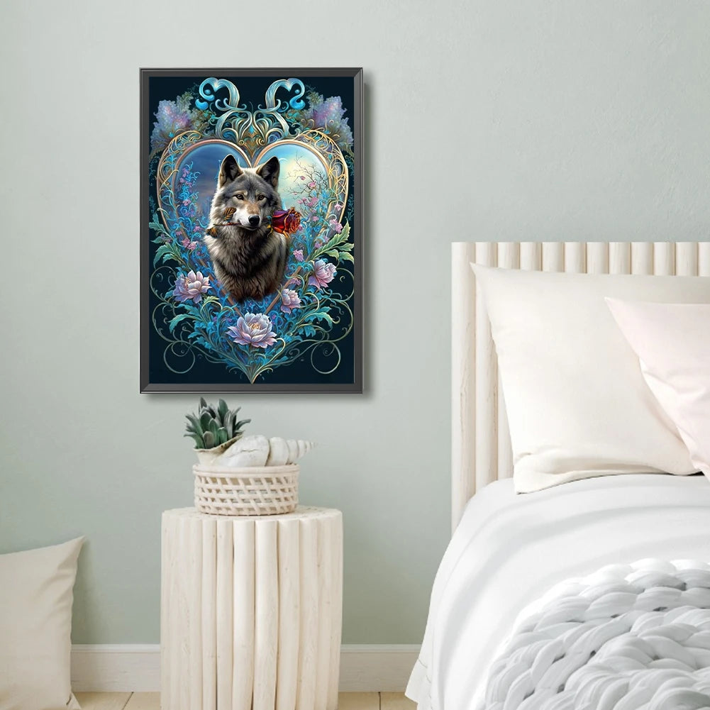 DIY Wolf With Rose Diamond Painting Full Round Drill Kit