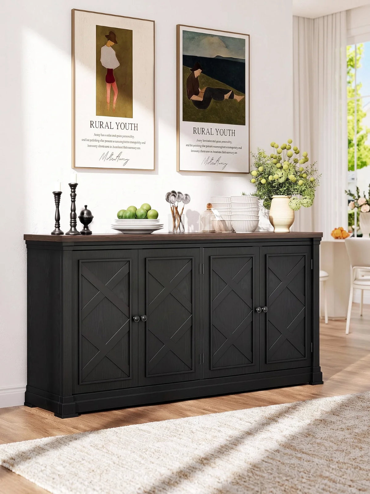 ONBRILL Solid Wood Sideboard Buffet Cabinet With Barn Doors and Shelves