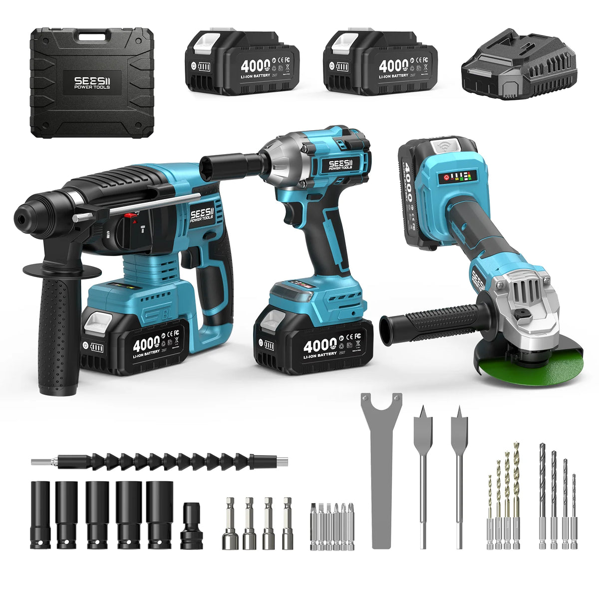 Seesii Brushless Cordless Drill Wrench Grinder 3-in-1 Combo Kit
