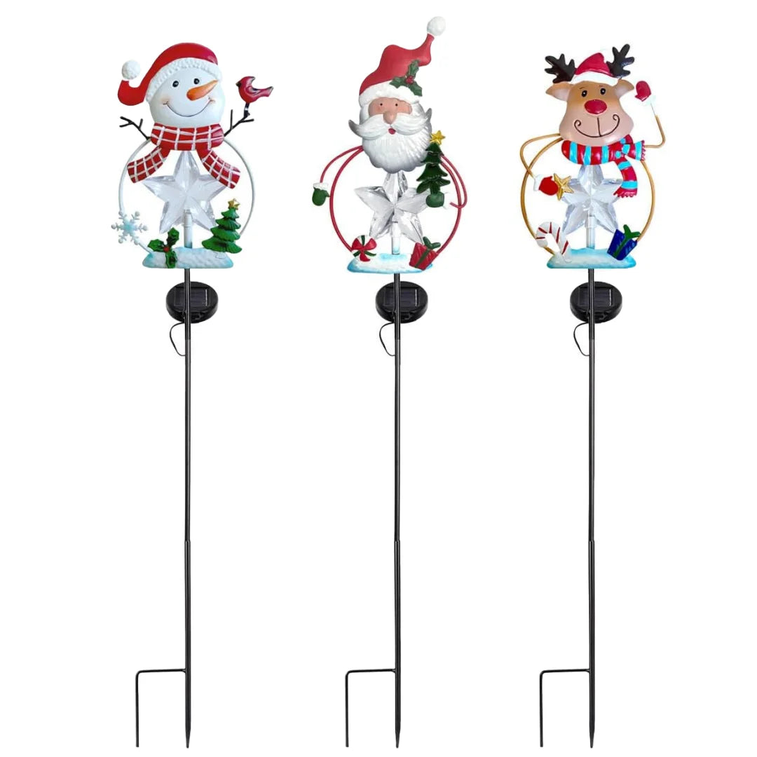 Solar Christmas Garden Stake Lights With Snowman Santa And Reindeer