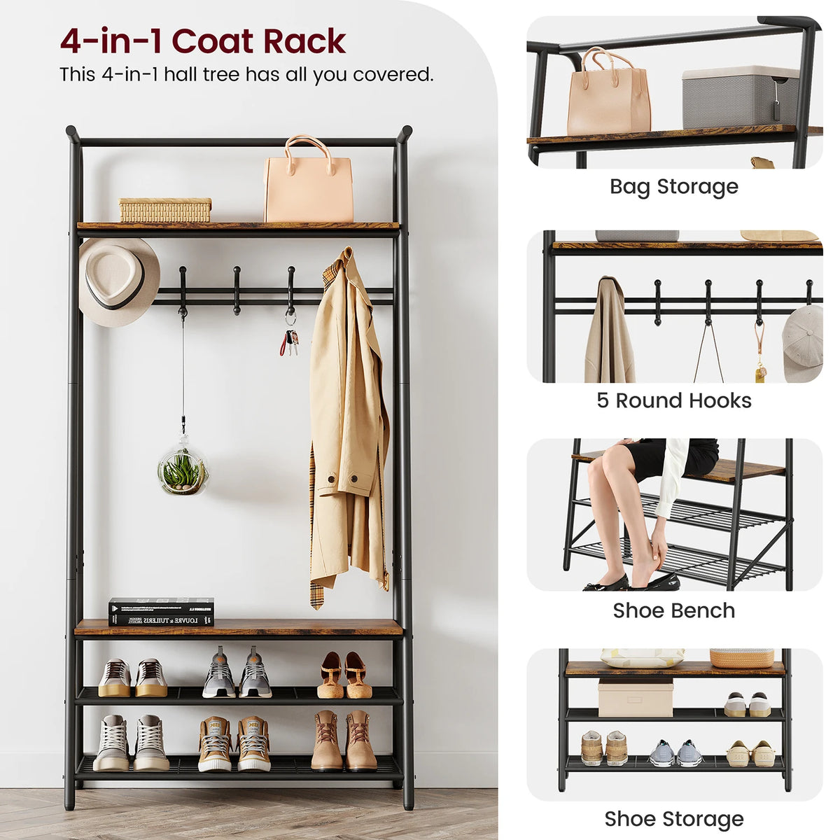 TWISTER.CK Entryway Coat Rack Bench with Shoe Storage and Hooks