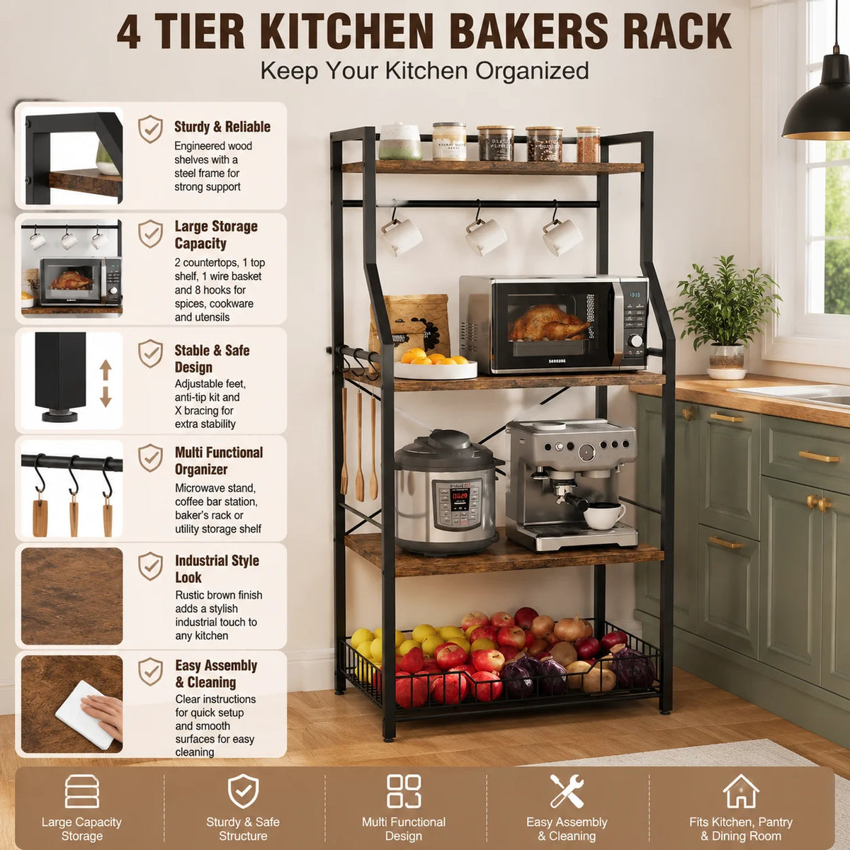 Four Tier Kitchen Bakers Rack With Microwave Stand And Storage