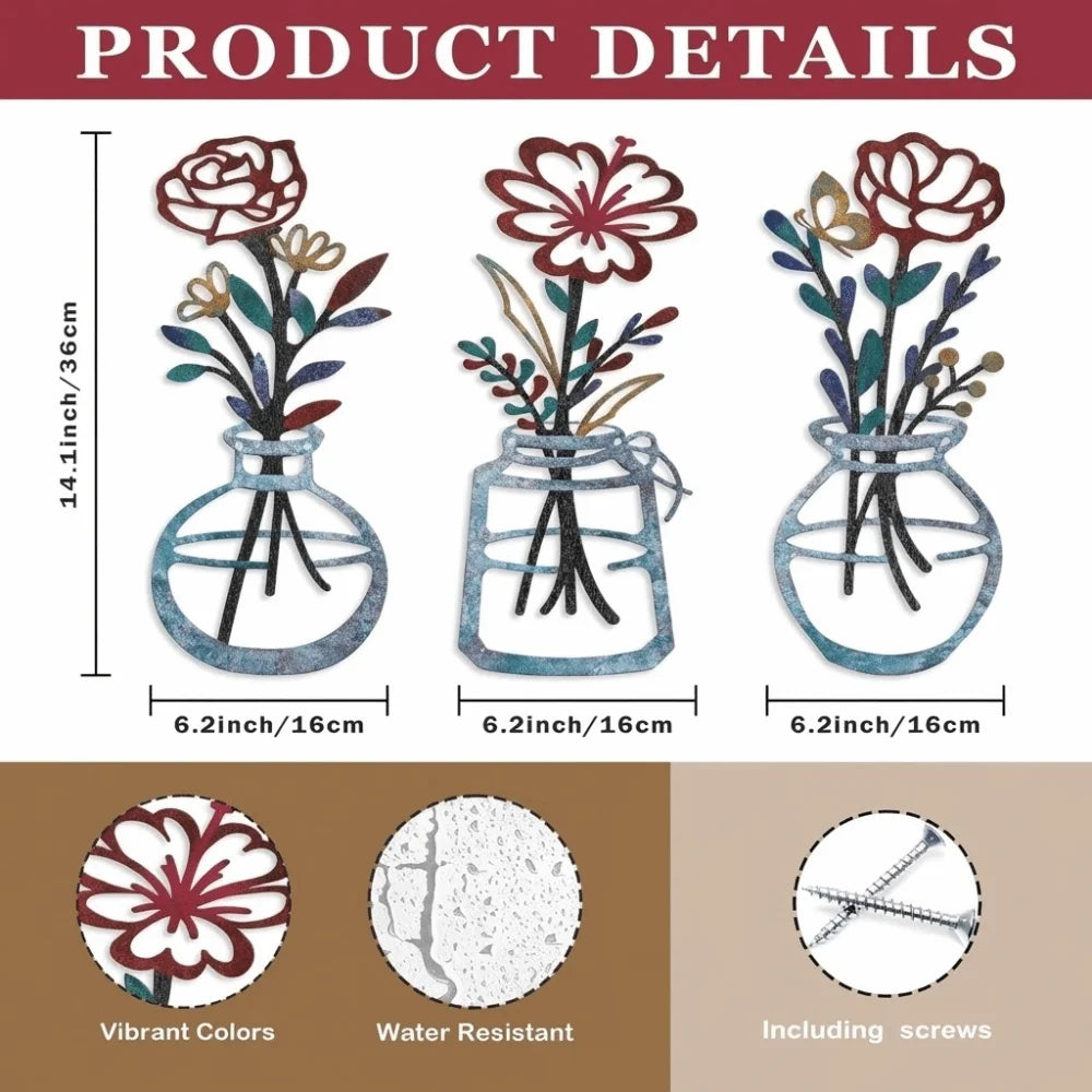 Metal Floral Vase Wall Art For Boho Farmhouse Decor