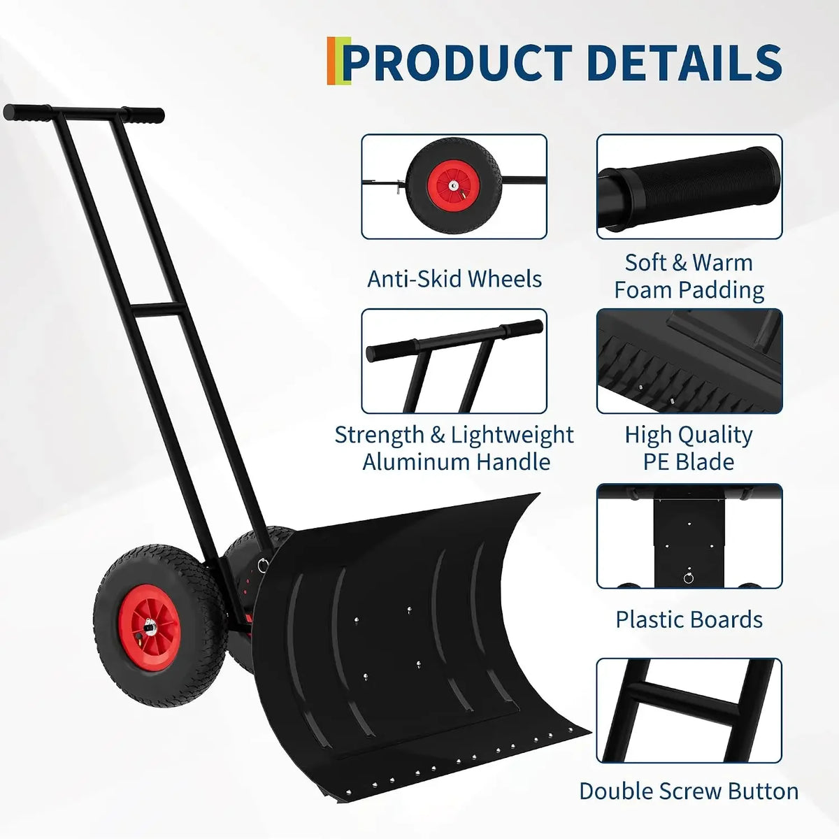 Tacleekii Heavy Duty Wheeled Snow Shovel With Adjustable Blade