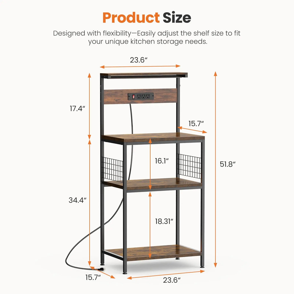 JHK Bakers Rack With Power Outlet And Tiered Storage Shelves