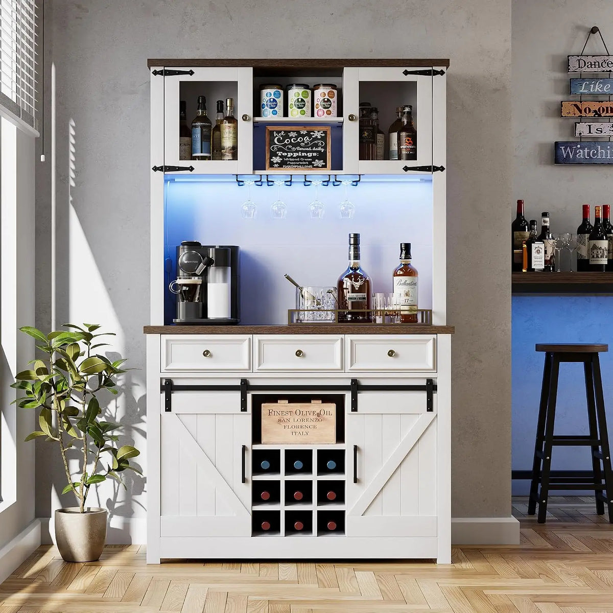 HiMISS Farmhouse Coffee Bar Cabinet With LED Lights And Storage