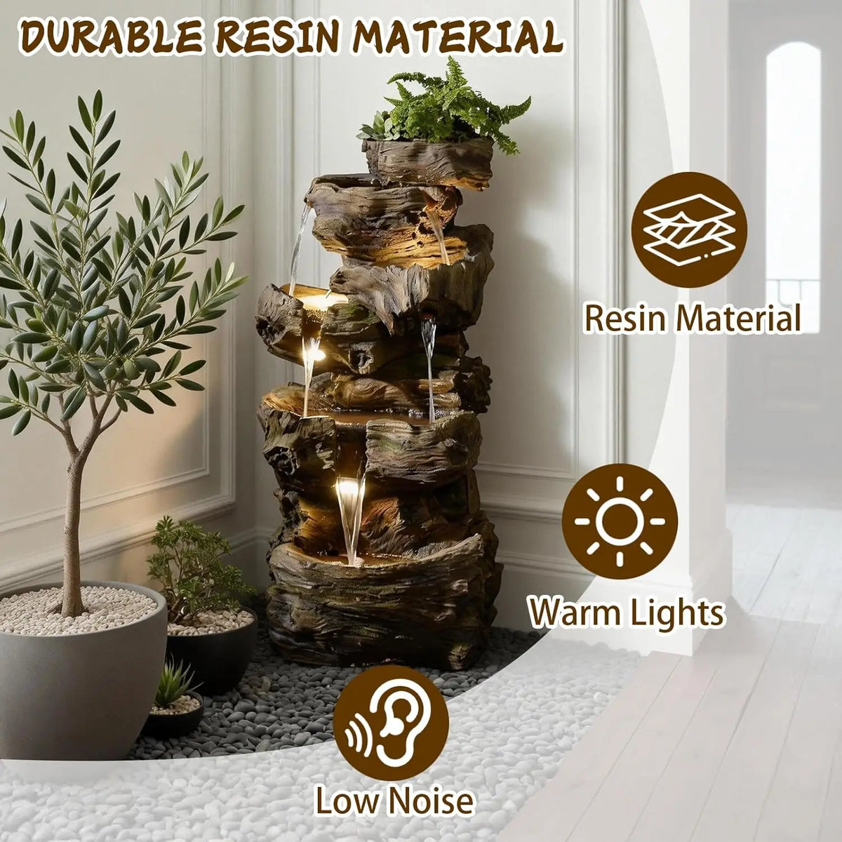 Tree Trunk Outdoor Waterfall Fountain With LED Lights For Garden