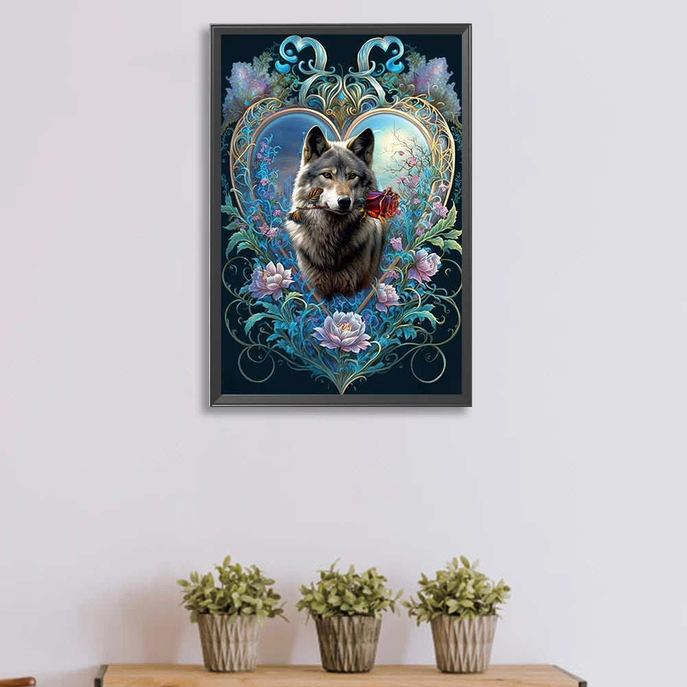 DIY Wolf With Rose Diamond Painting Full Round Drill Kit