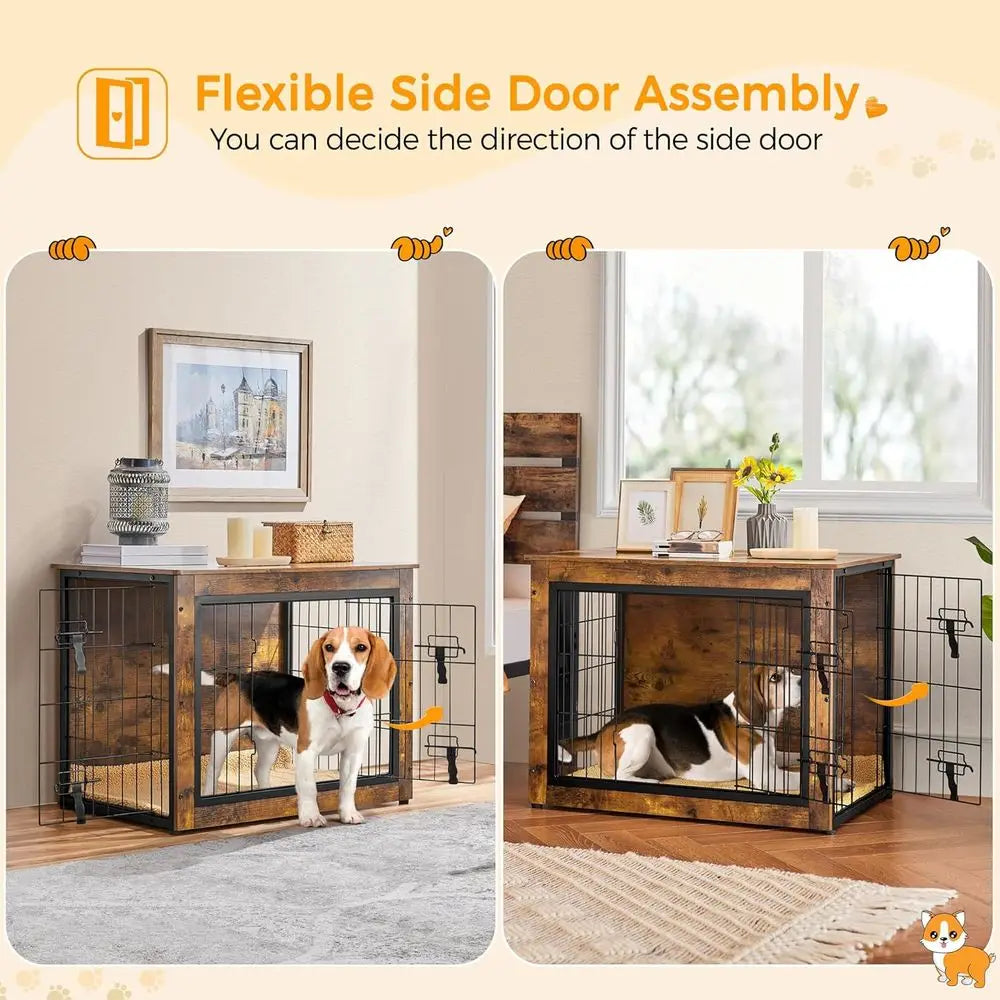 Wooden Dog Crate Furniture With Cushion And Double Door Kennel