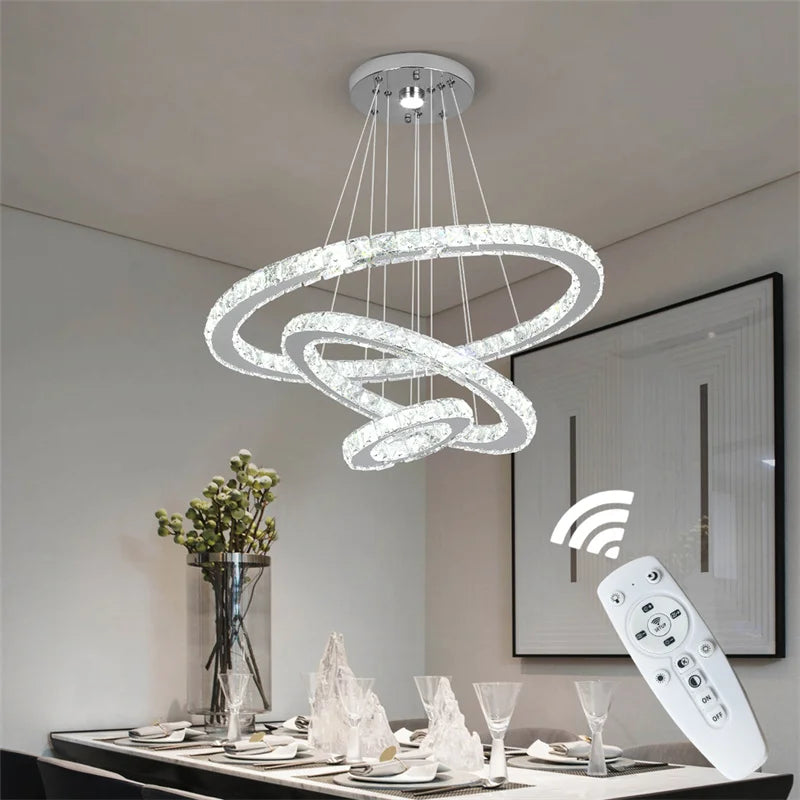 GreeLustr Modern Crystal Ring LED Chandelier With Dimmer Remote
