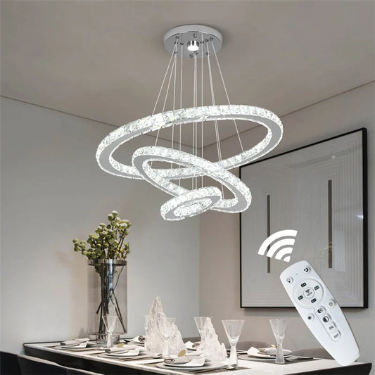 GreeLustr Modern Crystal Ring LED Chandelier With Dimmer Remote