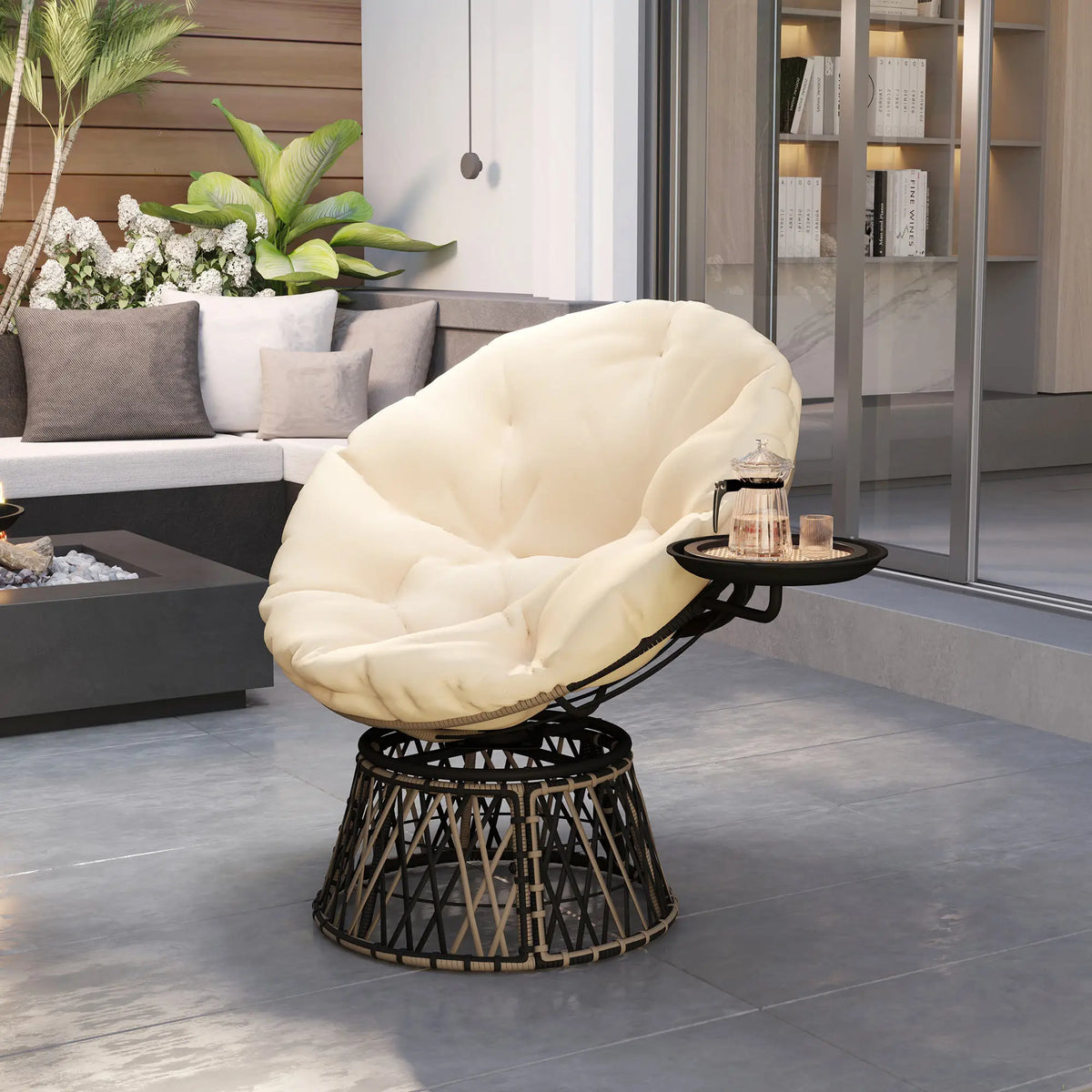 Outsunny Outdoor Swivel Papasan Chair With Side Tray And Cushion